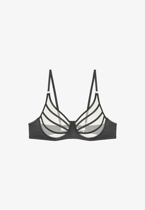 Czarny biustonosz z przezroczystymi panelami, geometrycznym wzorem w paski, cienkimi ramiączkami i akcentami w złotym kolorze.