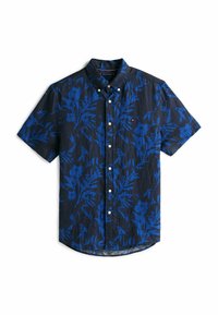 Camicia a maniche corte con bottoni in tessuto blu scuro, caratterizzata da grandi motivi floreali blu, colletto classico e chiusura frontale con bottoni.