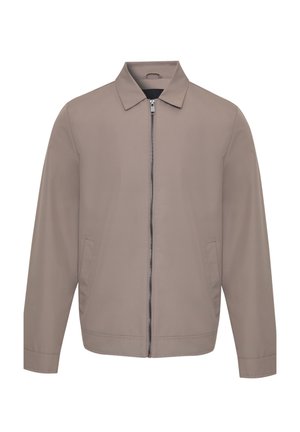 Męska kurtka w kolorze taupe z pełnym zamkiem na przodzie, klasycznym kołnierzem, długimi rękawami i bocznymi kieszeniami, przedstawiona na białym tle.