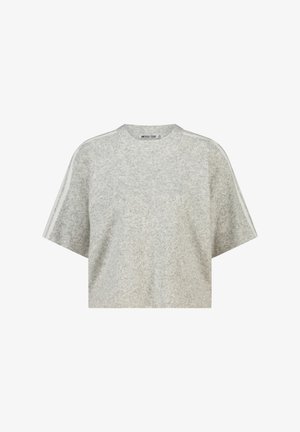 Vaaleanharmaa lyhytpusero, jossa on pyöreä pääntie ja valkoiset raidat käärityn hihan yläosassa.