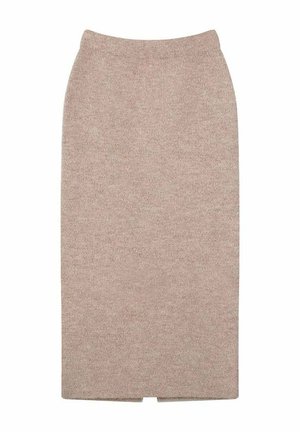 Jupe midi tricotée beige avec une taille haute, texture lisse et fente au dos pour faciliter les mouvements. Design simple sans matériel visible ni motifs.