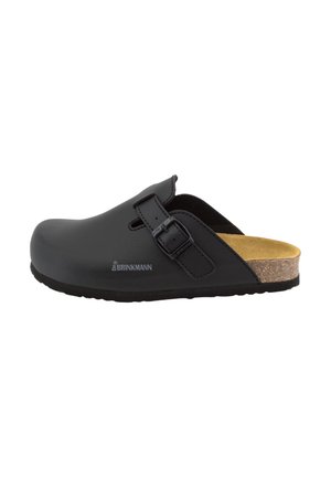 Black slip-on clog with adjustable side buckle, cork sole, and cushioned tan insole, branded with Dr. Brinkmann logo on side.