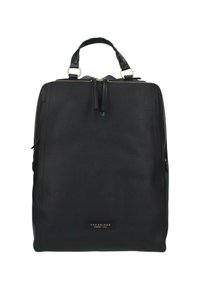 Zaino in pelle nera con manico superiore, dettagli in metallo dorato e una piccola etichetta frontale che recita "THE BRIDGE FIRENZE 1969."