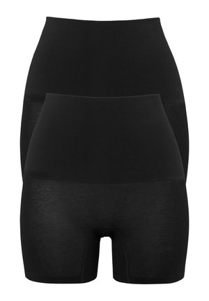 Zwei Paare schwarze nahtlose Shaping-Shorts mit hoher Taille gestapelt, entworfen für eine glatte Körperkonturierung und Unterstützung.