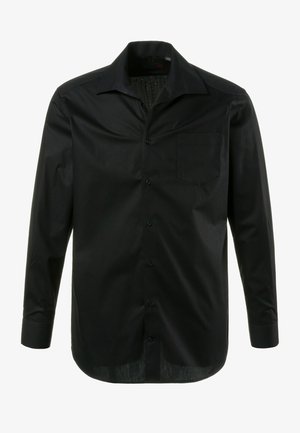 Musta pitkähihaisen nappipaidan, jossa on terävä kaulus, etutasku ja sileä kangas. Ominaisuuksia ovat kuusi nappia edessä ja istuva malli.