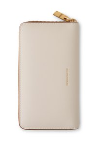 Beige Leder Reißverschluss-Brieftasche mit goldenem Reißverschluss und dem in Gold geprägten "BORBONESE"-Logo auf der Vorderseite.