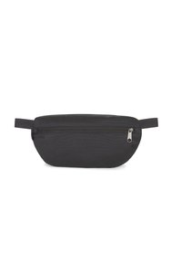 Borsetta in tessuto nero con una tasca con zip, forma rettangolare e due cinturini laterali. Texture liscia senza motivi o accenti.