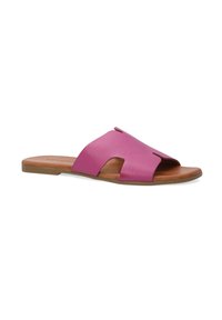 Roze leren schuifsandalen met een uitgesneden ontwerp, vlakke paarse zool en een gladde textuur. Beschikt over twee brede banden voor eenvoudig aan- en uittrekken.