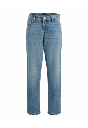 Jeans en denim bleu clair avec une coupe droite, taille haute et style classique à cinq poches. Dotés d'une braguette à boutons et d'une légère décoloration.