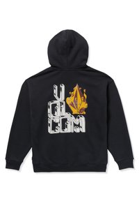 Czarna bluza z kapturem z dużą grafiką na plecach z napisem "VOLCOM" oraz płomieniowym wzorem w odcieniach pomarańczu i fioletu.