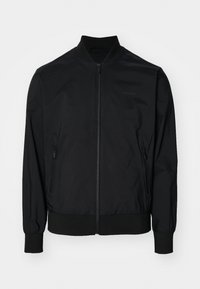 Schwarze Bomberjacke aus Nylon mit Reißverschluss vorne, geripptem Kragen und Bündchen. Zwei seitliche Reißverschlusstaschen und ein taillierter Bund.