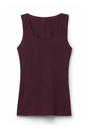 Bordeauxfärgad ärmlös topp med rund halsringning, tillverkad av mjukt tyg med en slät yta och rak nederkant.