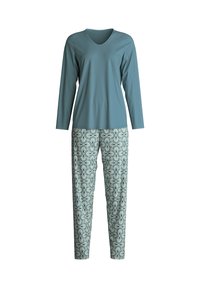 Ensemble de pyjama deux pièces : haut long en teal à manches longues, pantalon à fleurs bleu et crème. Tissu en coton, coupe décontractée, design en V.