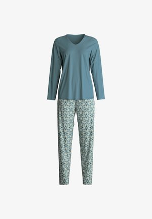 Twee-delige pyjamabroek: lang-lijf teal top, bloemenpatroon blauwe en crèmekleurige broek. Katoenen stof, ontspannen pasvorm, V-hals ontwerp.