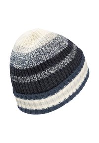 Cappello beanie con design a righe nei colori blu navy, grigio e crema. Realizzato in tessuto a maglia con una texture a costine e una corona arrotondata.