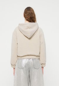 Κοντό μπεζ φούτερ με κουκούλα και κορδόνι, με ραβδωτή υφή, σε συνδυασμό με λαμπερά ασημένια παντελόνια με φαρδιά γραμμή. Απλός σχεδιασμός στην πλάτη, χωρίς ορατά λογότυπα.