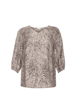 Blusa beige con maniche a tre quarti, dotata di scollo a V e un motivo in stampa leopardata testurizzata in tonalità di marrone e nero.