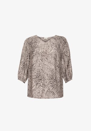 Beige blúz háromnegyedes ujjakkal, V-nyakkivágással és téglalap alakú leopárdmintával barna és fekete árnyalatokban.