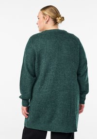 Pārspīlēti liels zaļš adīts krekls ar ribotu tekstūru. Tam ir apaļa apkakle, garas piedurknes un sānu šķēlumi apakšmalā.