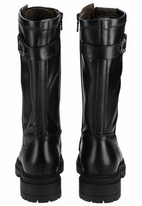 Bottes en cuir noir arrivant au genou avec une texture lisse, dotées de fermetures éclair latérales, de sangles avec boucles et d'une semelle épaisse et robuste.