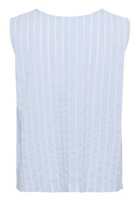 Haut sans manches bleu clair en tissu texturé, présentant des rayures blanches verticales, un col rond et des fentes sur les côtés à l'ourlet.