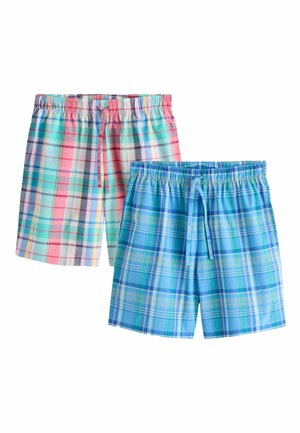 Zwei Paar karierte Shorts mit elastischen Taillenbändern und Kordelzügen, eines in Pastellrosa und Türkis, das andere in Blau- und Grüntönen.
