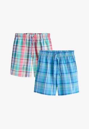 Dwie pary kraciastych szortów z elastycznymi pasami i sznurkami do regulacji, jedna w pastelowym różu i turkusie, druga w odcieniach niebieskiego i zielonego.