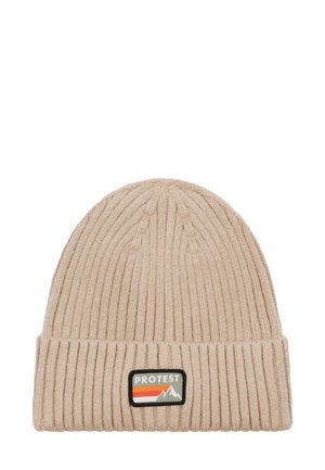 Gebreide beanie in lichtbeige met gestructureerde ribbels, voorzien van een omgevouwen rand en een rechthoekig merklabel met berggraphics.
