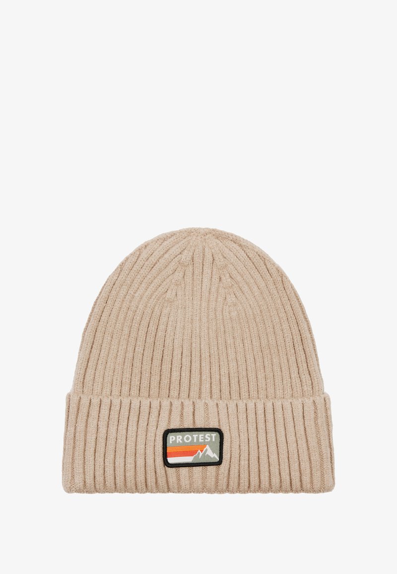 Czapka dzianinowa w jasnym beżu z teksturowanym prążkowaniem, z podwijanym mankietem i prostokątną łatą markową z grafiką gór.