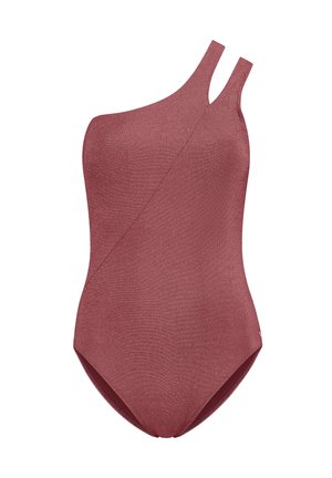 Ein einseitiger Badeanzug aus einem strukturierten, rosefarbenen Stoff. Er zeichnet sich durch ein elegantes Design mit einer diagonalen Naht und zwei verstellbaren Trägern aus.