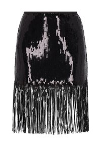 Fekete szoknya, melyen flitterek és rojtdíszítés található az alsó szegély mentén. Sima textúra, testhezálló szabás. Elegáns, csillogó megjelenés.