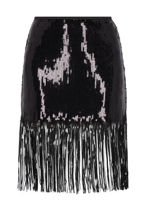 Falda negra con lentejuelas y detalles de flecos en el dobladillo. Textura lisa con un diseño ajustado. Apariencia elegante y brillante.