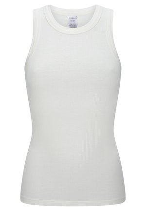 Biały prążkowany top na ramiączkach wykonany z bawełny organicznej. Posiada okrągły dekolt i dopasowany krój. Prosty design, bez wzorów i ozdób.