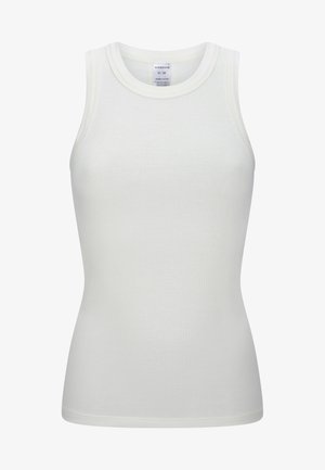 Débardeur blanc à côtes en coton biologique. Présente un col rond et une silhouette ajustée. Design simple, sans motifs ni embellissements.