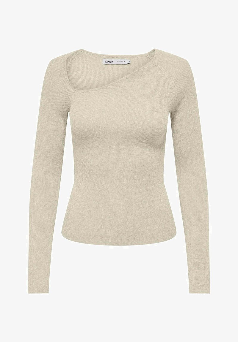 Top beige a maniche lunghe con texture a coste, scollatura asimmetrica e design aderente. Realizzato in morbido tessuto a maglia.