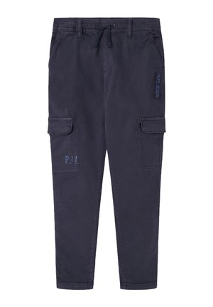 Marineblaue Cargohosen aus strapazierfähigem Baumwollmischgewebe, mit zwei Seitentaschen, zwei Cargotaschen und einem Tunnelzugbund.