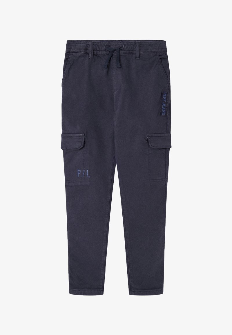 Pantalon cargo bleu marine en mélange de coton durable, doté de deux poches latérales, deux poches cargo et d'une ceinture à cordon de serrage.