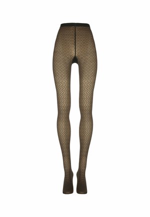 Schwarze Netzstrumpfhose mit einem festen Bund und verstärktem Zehenbereich, auf einem einfarbigen Hintergrund gezeigt.