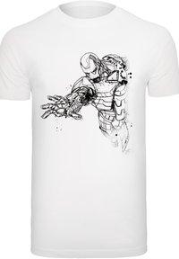 Bílá bavlněná tričko s černou grafikou robotické postavy, která natáhne ruku, s detailním lineárním zpracováním a rozprašovanými akcenty.