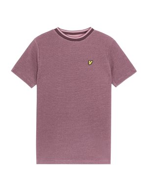 Slim-fit, korte mouw t-shirt in lichtpaarse stof met een gestructureerd patroon. Heeft een contrasterende donkerkleurige ronde hals en een klein geel logo.