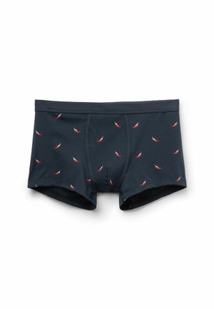 Marineblaue Boxershorts aus Baumwolle mit engem Sitz, versehen mit einem wiederholten Muster kleiner roter Chilischoten.