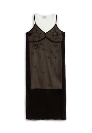 Black sheer slip dress with thin straps, floral bead embellishments, layered over a white sleeveless top, displayed on a white background.