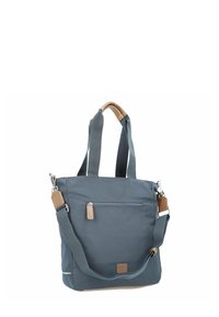 Bolsa de tela gris con dos asas y correa de hombro desmontable. Cuenta con un bolsillo delantero con cremallera y acentos de cuero marrón en la base y en las asas.