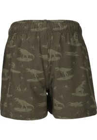 Olivgrüne Shorts mit einem Dinosaurierdruck in einer helleren Schattierung. Elastischer Bund, lässiger Schnitt und glatte Stoffoberfläche.