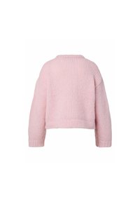 Pull tricoté rose doux avec manches longues et ourlet côtelé, vu de dos.