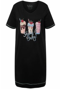 Schwarzes Kurzarmkleid mit V-Ausschnitt und einem vorderen Grafikdesign von drei Milchshakes mit dem Text "Shake it Baby!" in Blau.