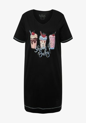 Zwart kort T-shirt jurkje met een V-hals en een voorkant graphic van drie milkshakes met de tekst "Shake it Baby!" in blauw.