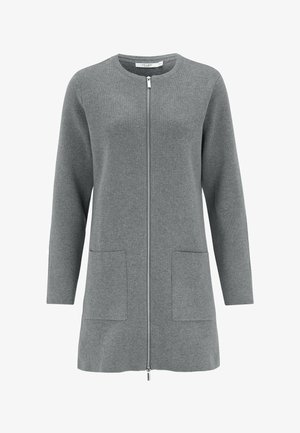 Grå långärmad cardigan med rund halsringning, dragkedja framtill och två stora fickor; tillverkad av ett texturerat stickat tyg.