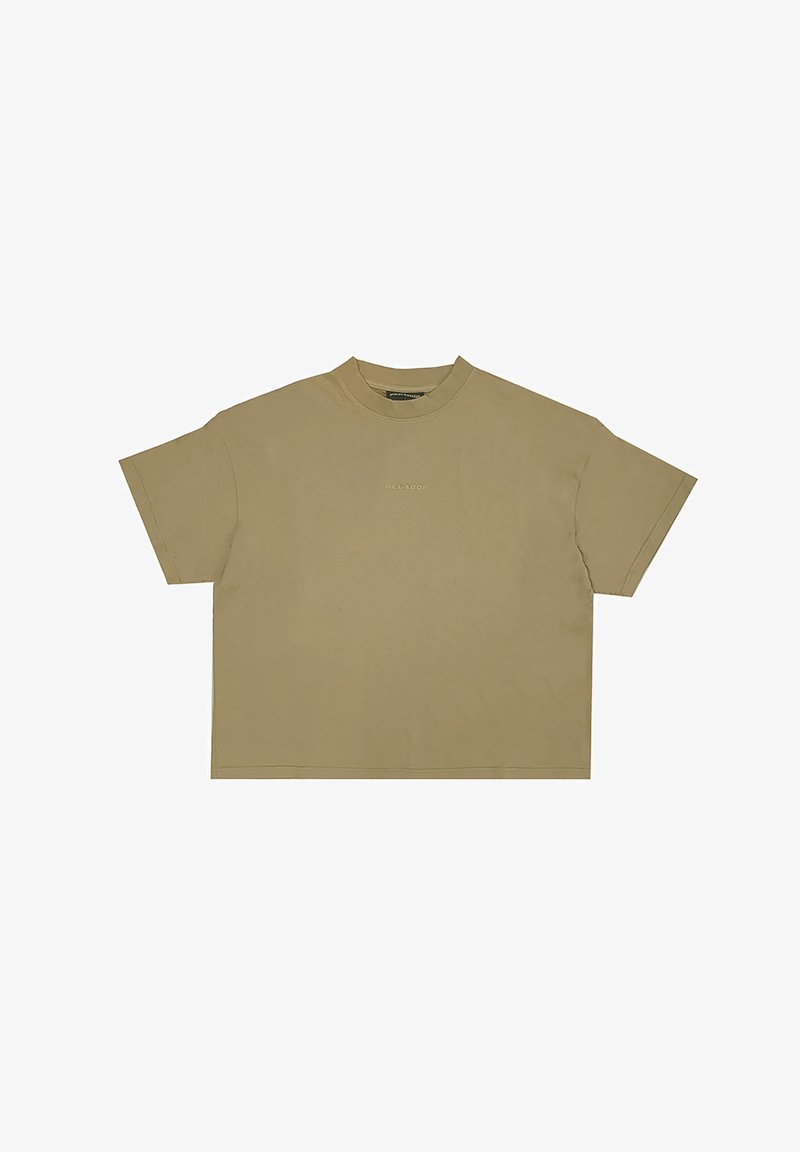 Kurzärmliges, kastiges T-Shirt aus olivgrüner Baumwolle. Verfügt über einen runden Ausschnitt und ein minimales Logodesign auf der Brust. Glatte Textur.