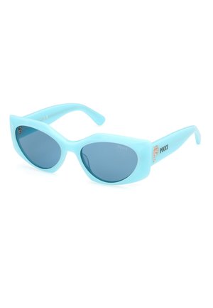 A pair of light blue sunglasses with a geometric cat-eye design, dark blue lenses, and a textured temple featuring a logo accent.